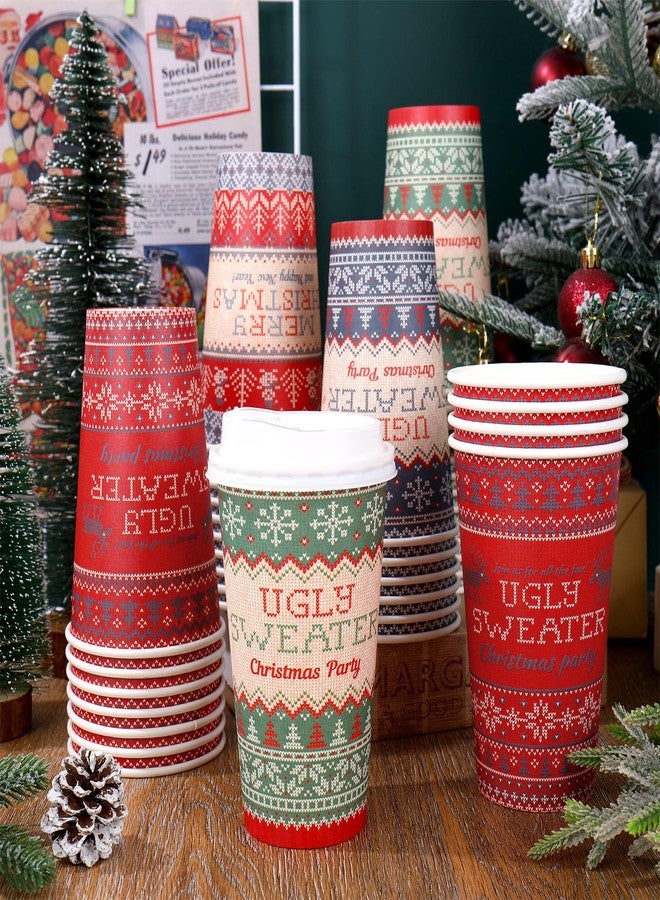 JarThenaAMCS 60Pcs Christmas Coffee Cups 16 Oz Vintage Ugly Sweater Merry Christmas Paper Cup with Lid Xmas Disposable Drinking Cups or Winter Party Hot Cold Drink Supplies - Image 4